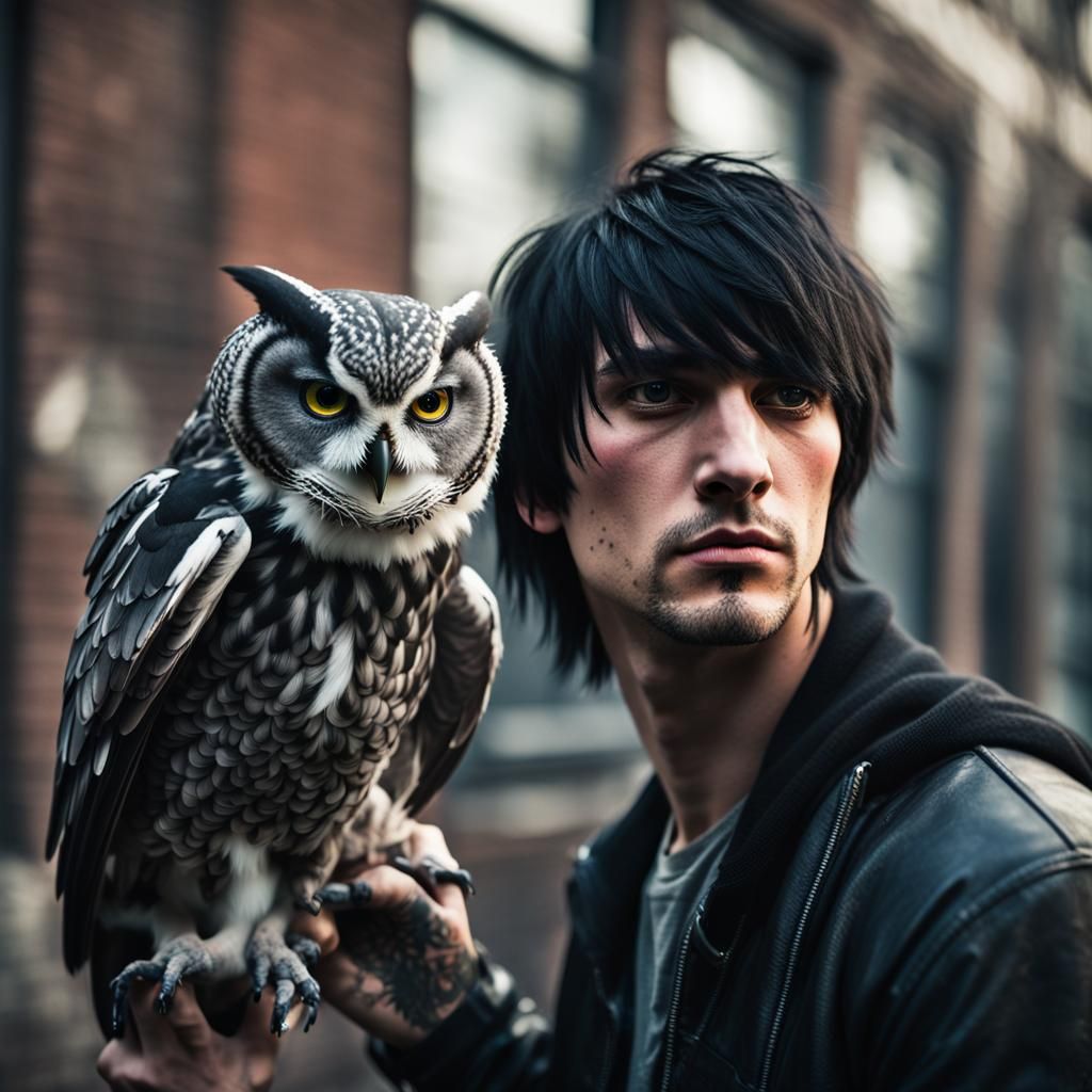 Goth Man with Owl in Cityscape: Professional Photography