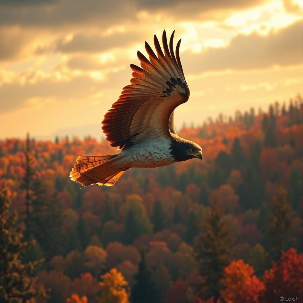 Falcon Soaring Over Autumn Forest in Atmospheric Style