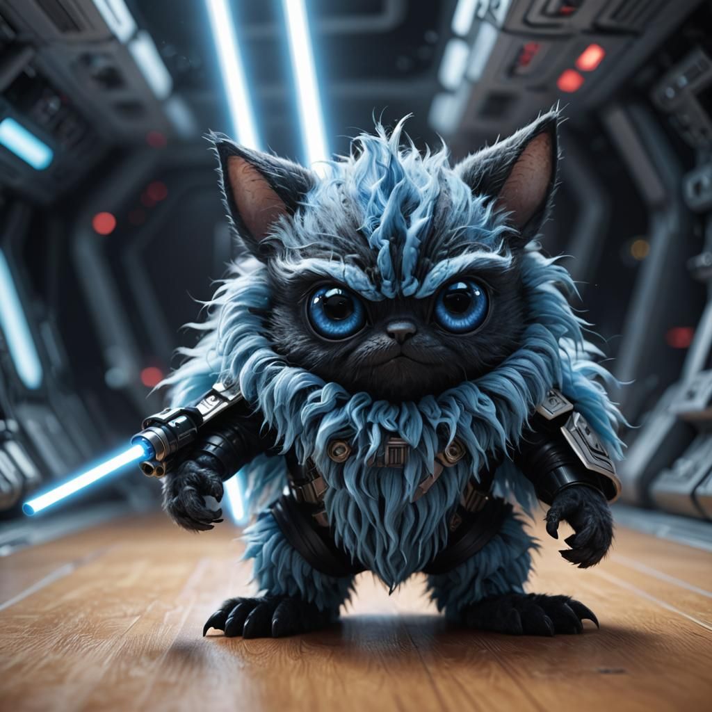 Cute Blue Alien on Spaceship with Lightsaber
