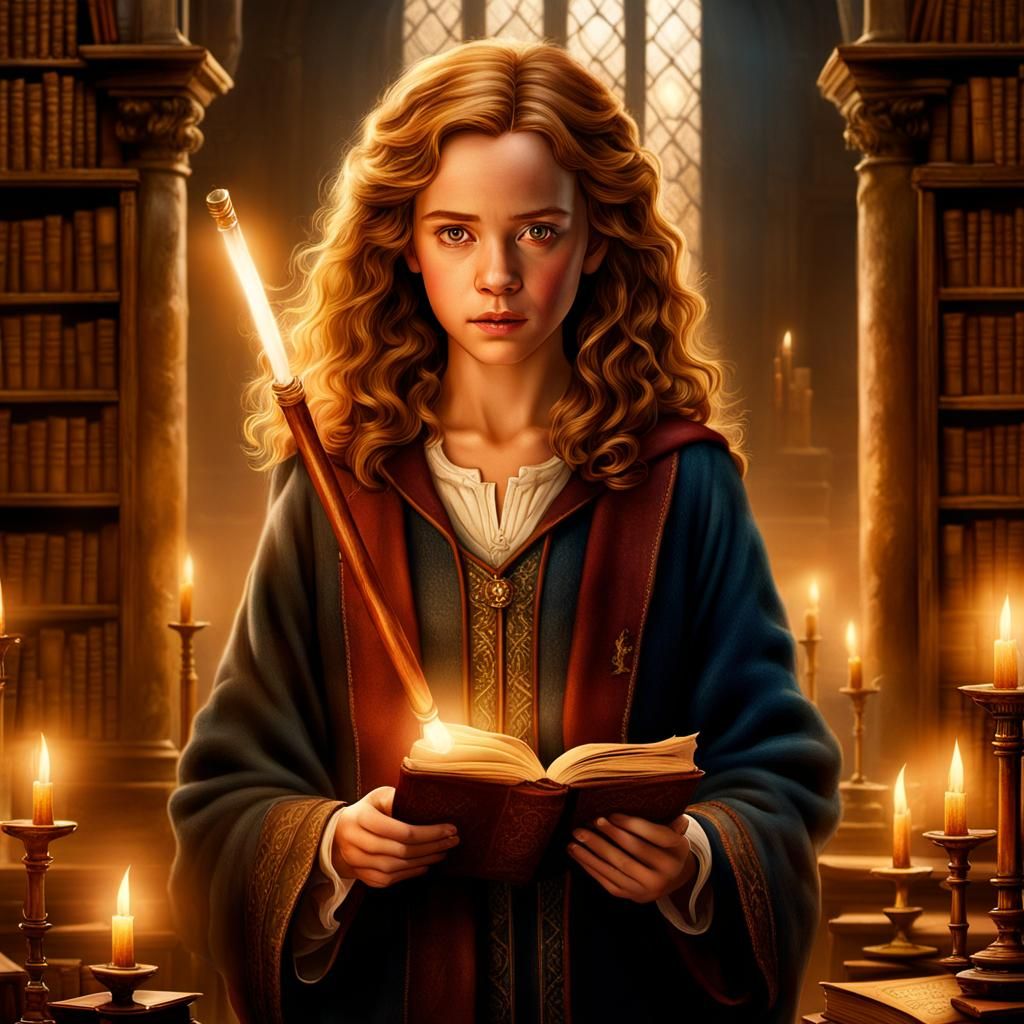 Hermione in Mystical Library with Wand