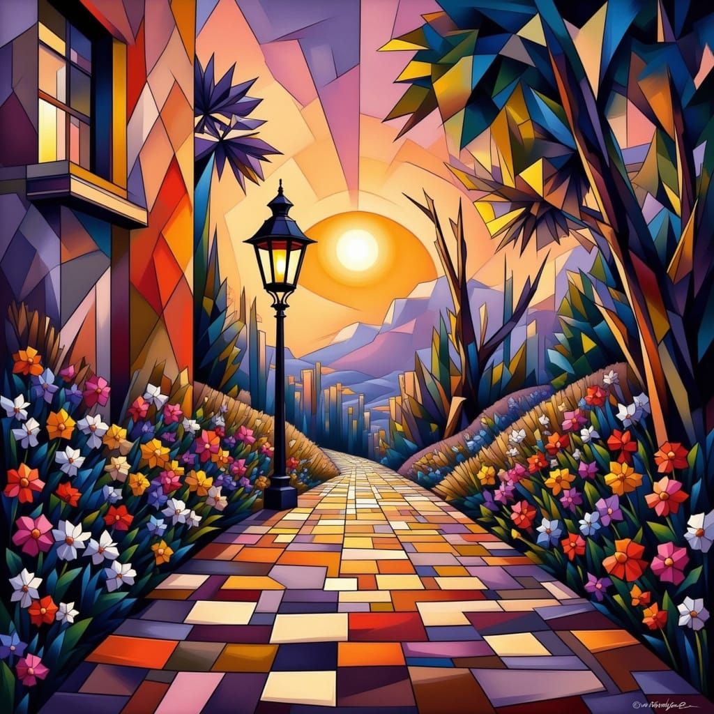 Cubist Lantern Glows on Wildflower Path