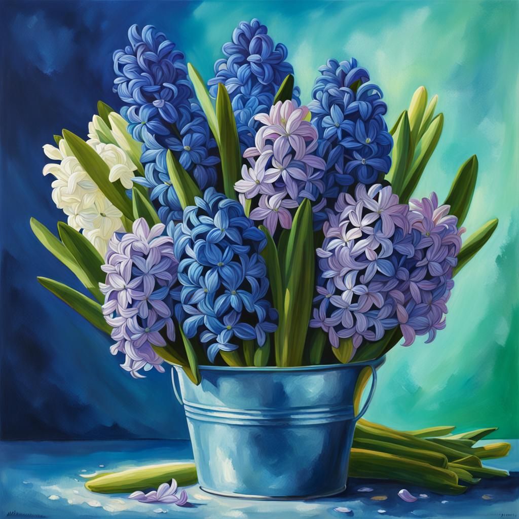 Hyacinth Bouquet Splash Art in Greens and Blues