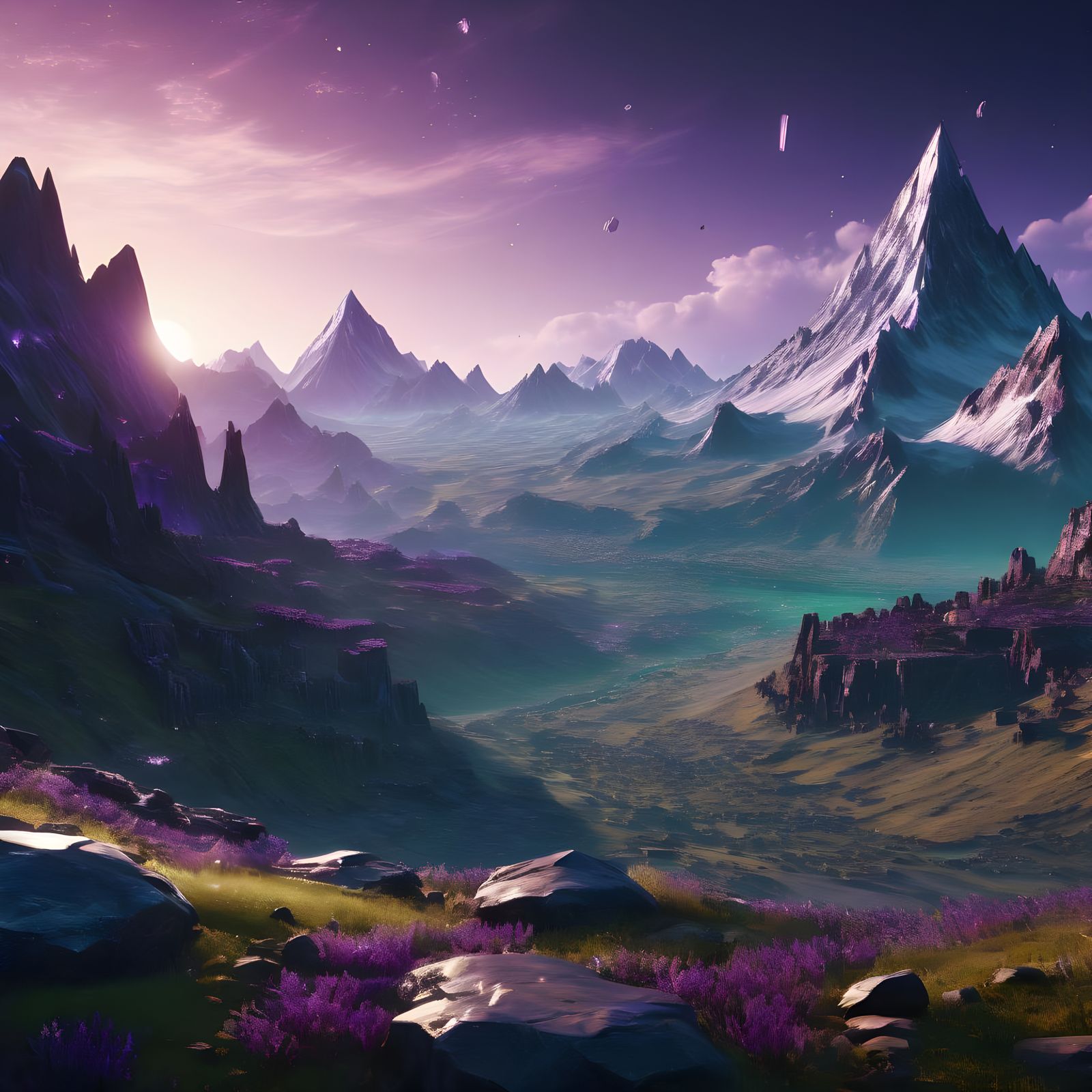 Epic Amethyst and Emerald Mountain Range in 3D Cinematic Sty...