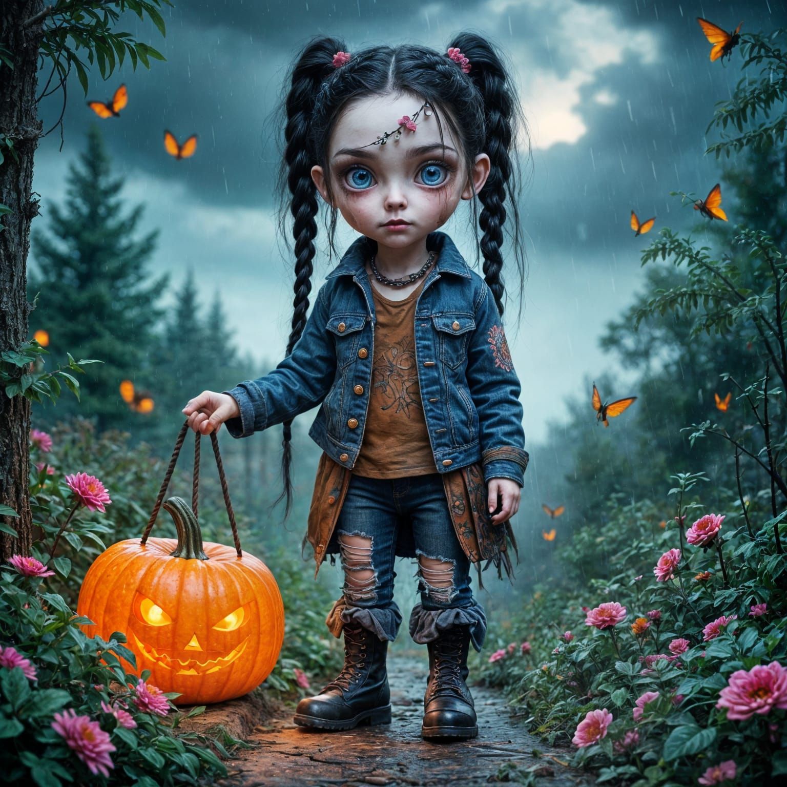 Cute Undead Girl in Fantasy Garden with Neon Pumpkin