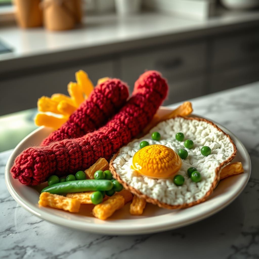 Hyperrealistic Crochet Food Still Life: Sausages, Chips and ...