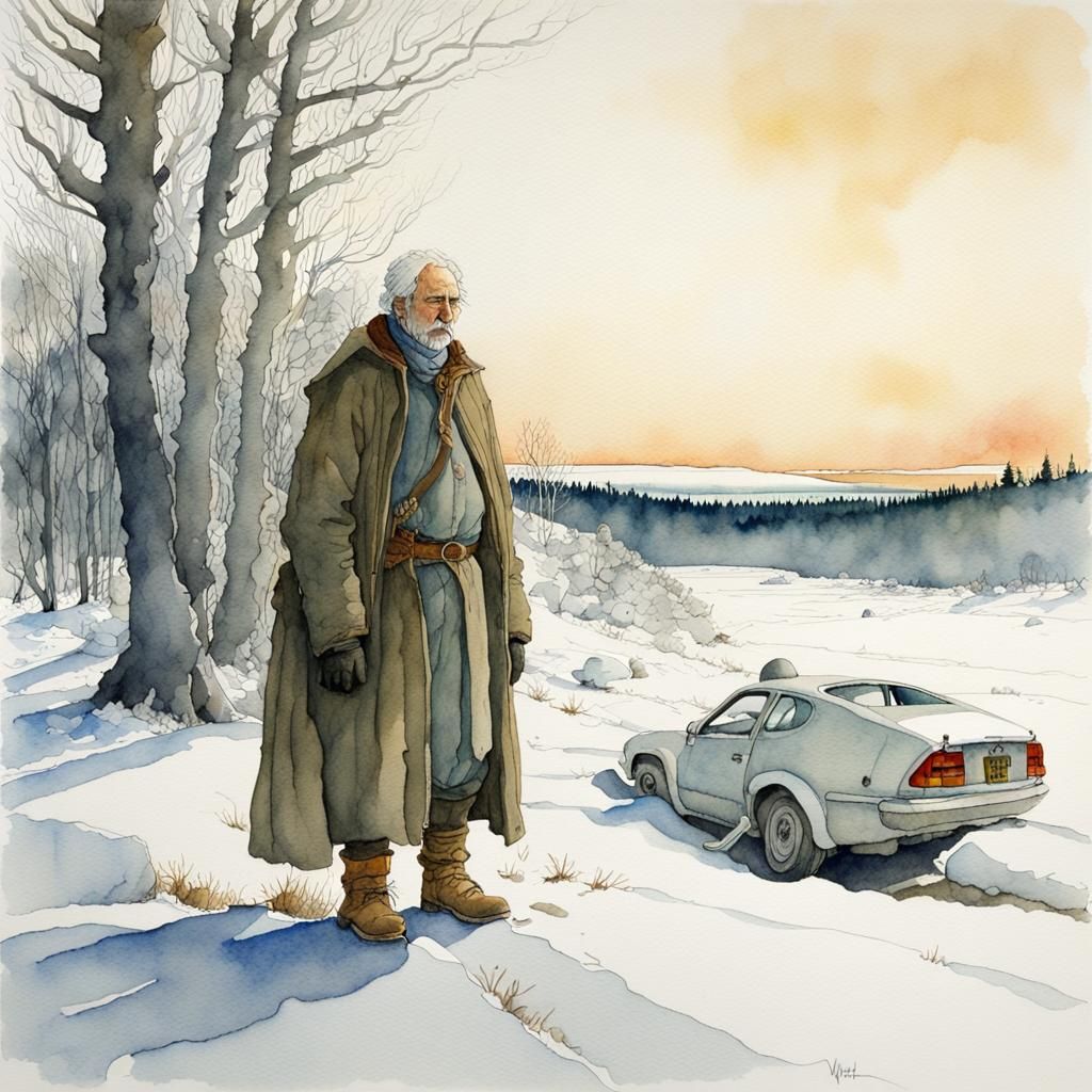 Alaskan Man in Winter Watercolor Painting