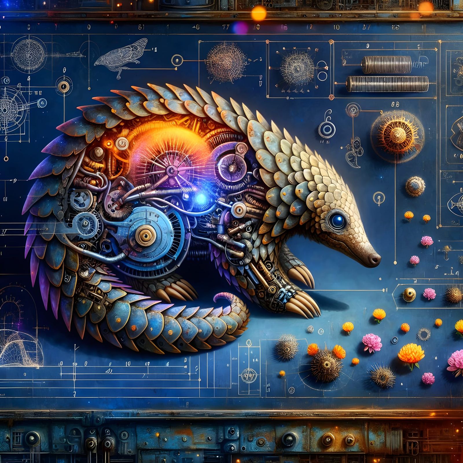 Surreal Steampunk Pangolin Oil Painting with Intricate Mecha...