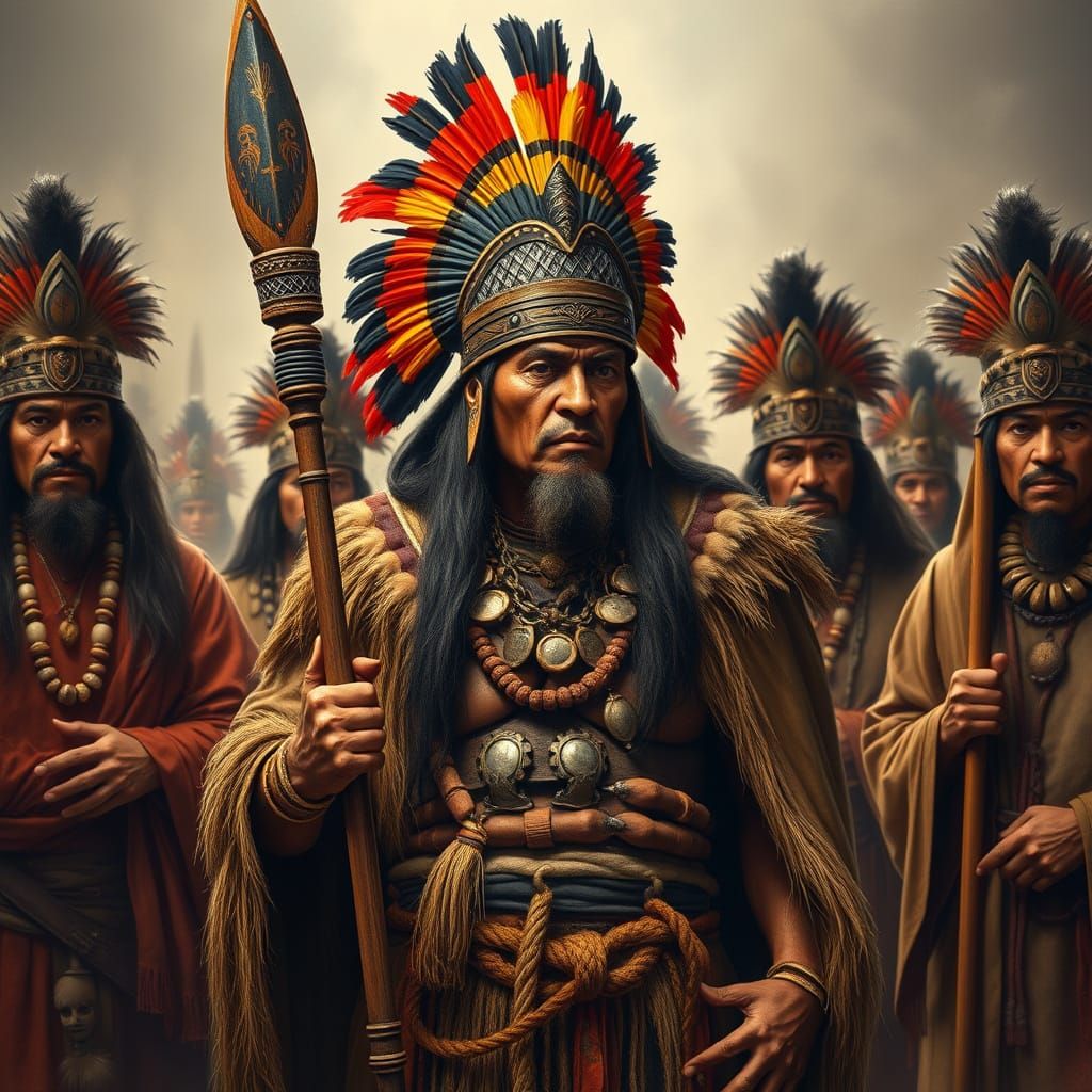 Maori War Chief with Priests in Traditional Attire