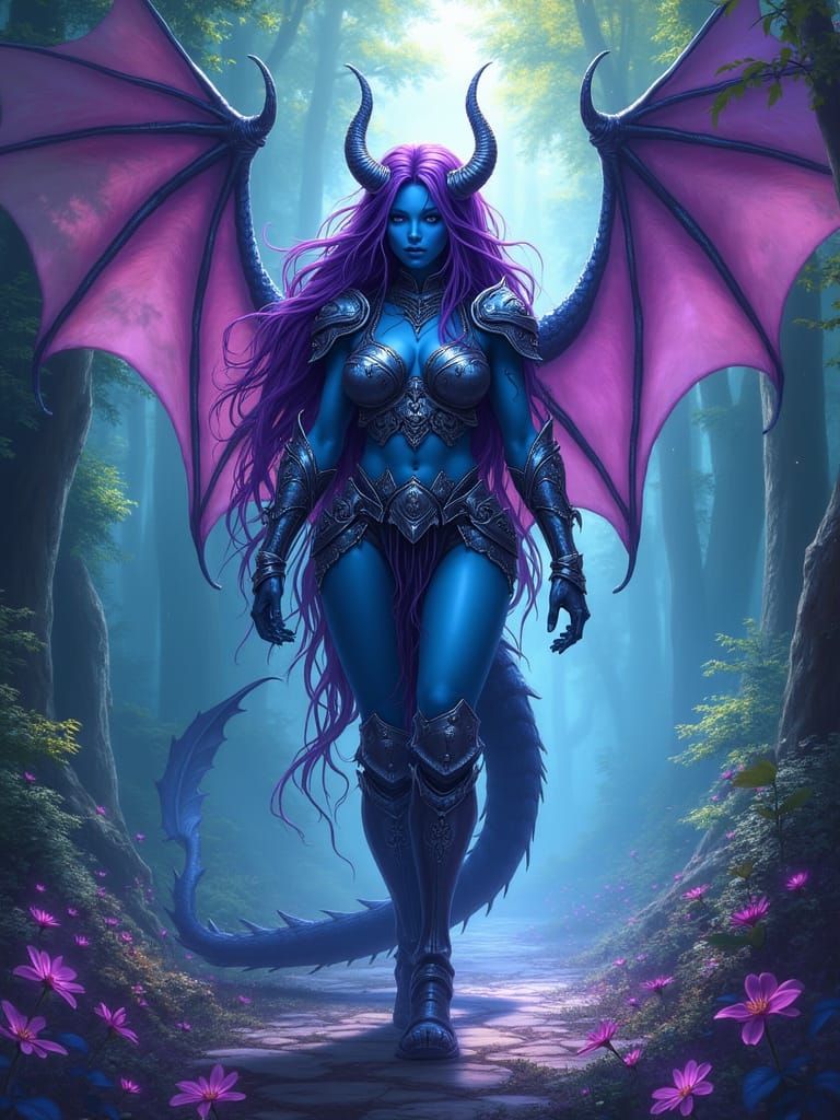 Majestic Blue Elf with Dragon Wings in Mystical Forest