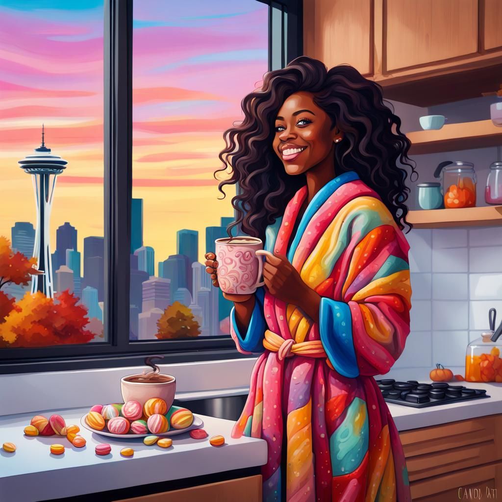 Joyful Woman Sipping Cocoa: Candy Art Style
