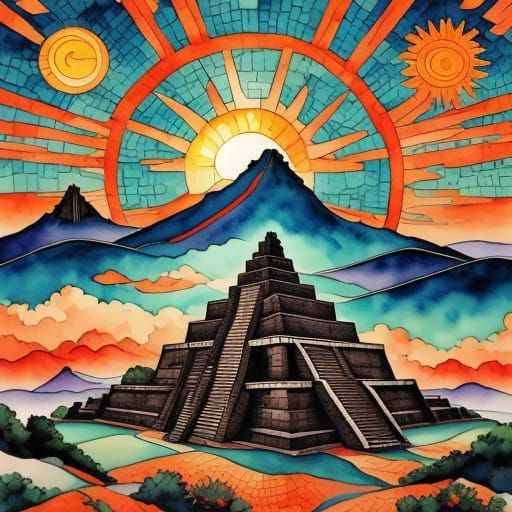 Mayan Civilization in Muted Neon Watercolor Style