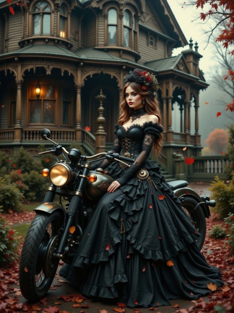 Gothic Victorian Woman on Motorcycle, Dark Fantasy Oil Paint...