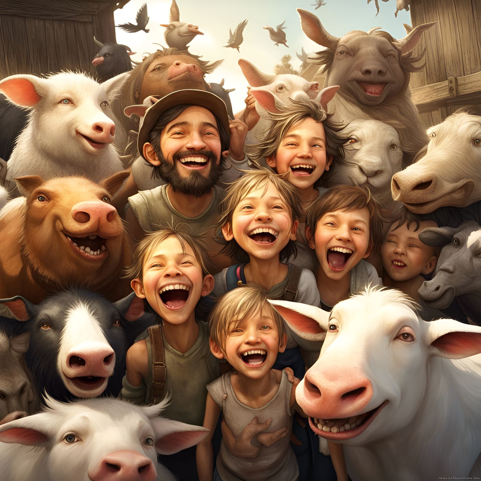 Joyful Siblings with Farm Animals, Digital Art
