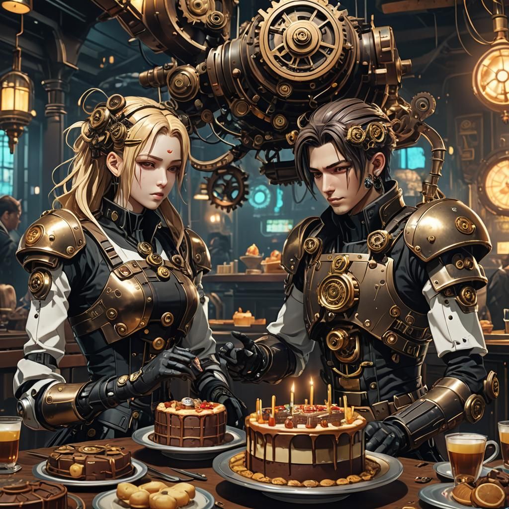 Androids Enjoying Steampunk Cake in Cyberpunk Anime Style