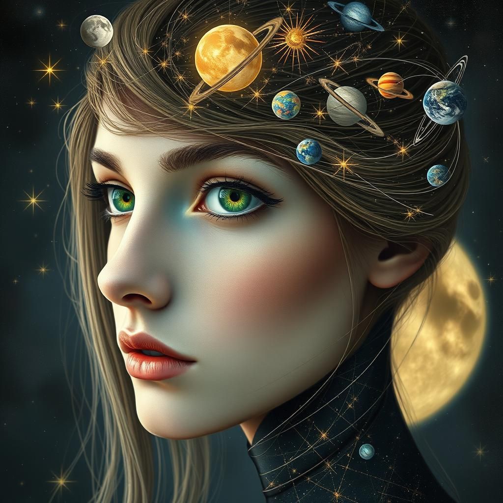 Surreal Cosmic Portrait of Woman with Celestial Beings