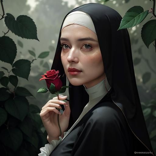 Melancholic Nun in Ornate 1600s Oil Painting