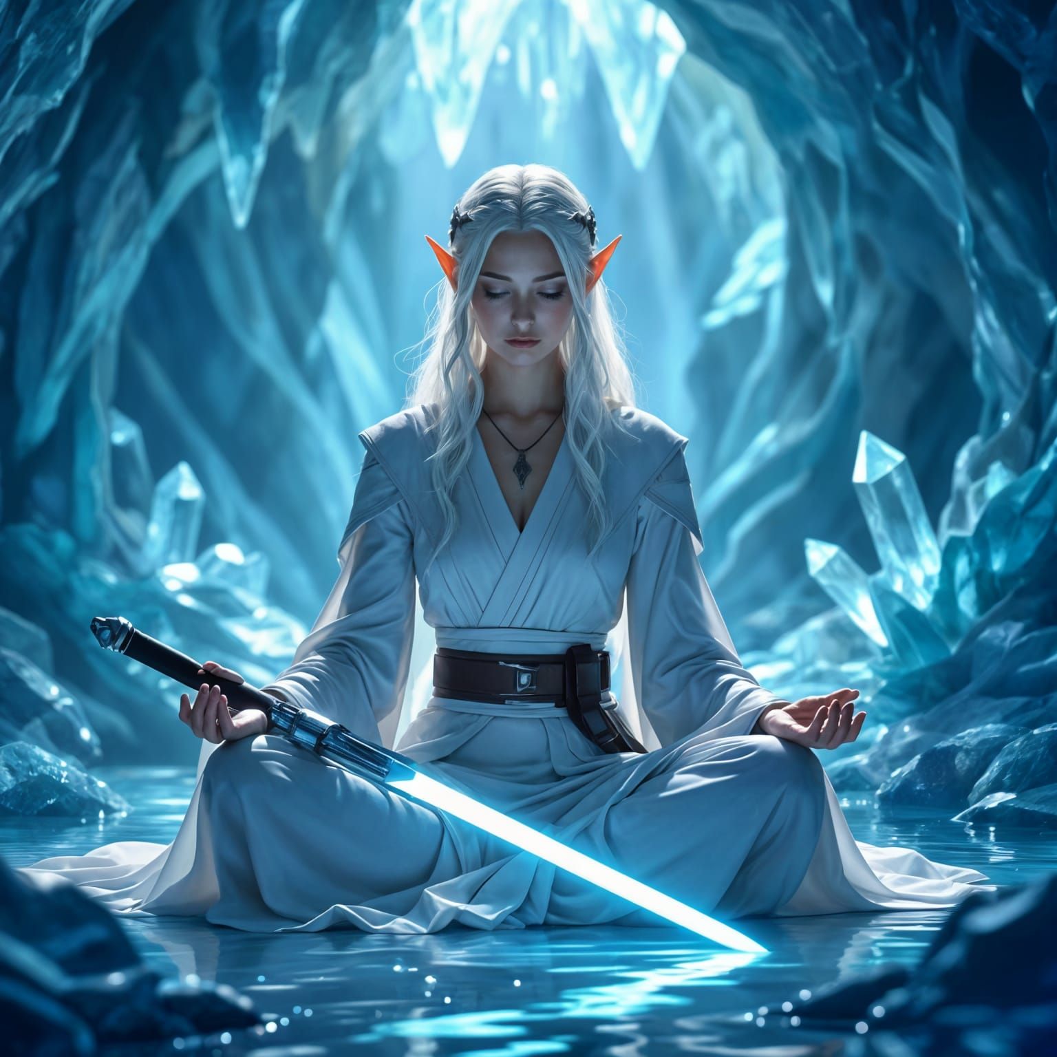 Ethereal Elf Jedi Knight Meditating in Crystal Cavern