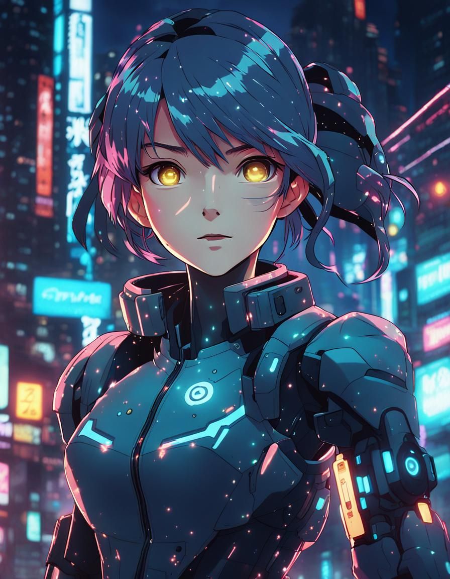 Cyberpunk Girl with Glowing Eyes, Anime Style