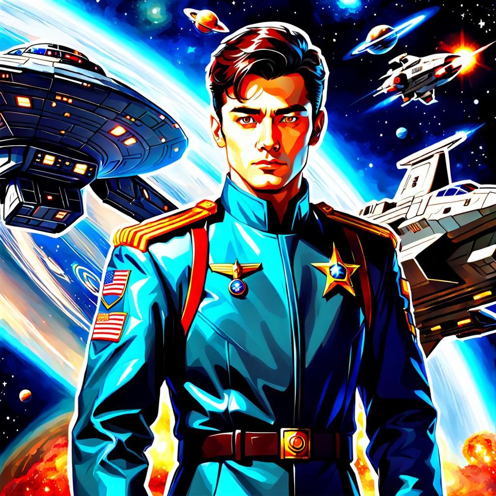 Lieutenant on Military Starship in Cosmic Setting
