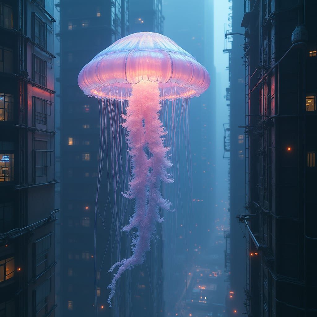 Glowing Jellyfish Drifts through Futuristic Cityscape in a D...