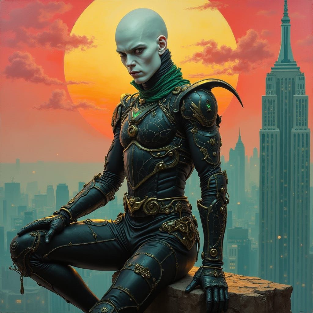 Gothic Vigilante in Retrofuturistic Armor, Sunset Skyscraper