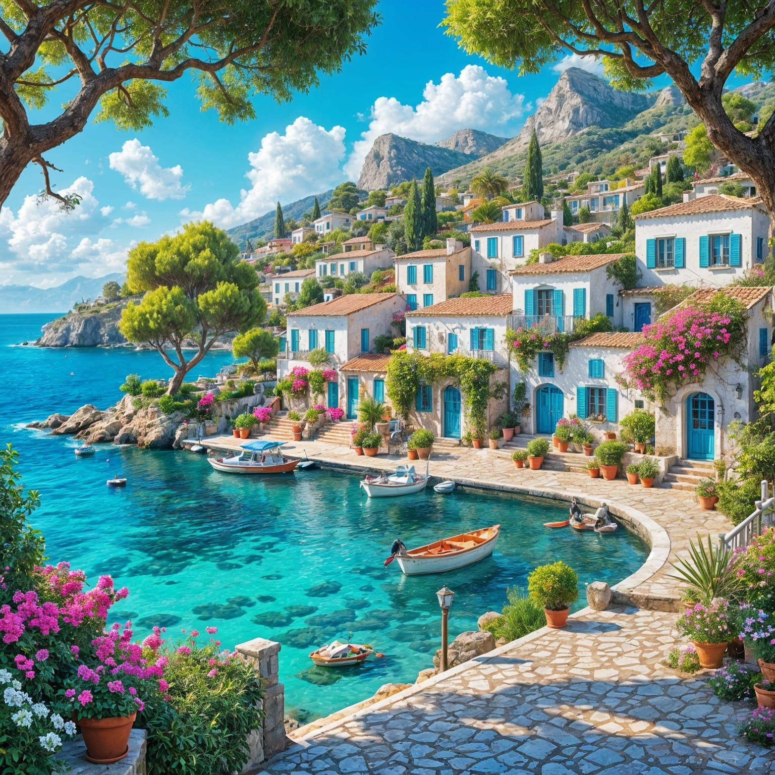 A charming seaside holiday village with whitewashed building...