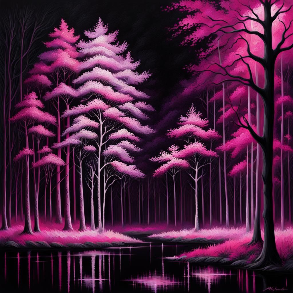 Blacklit Pink Forest: An Impressionist Masterpiece