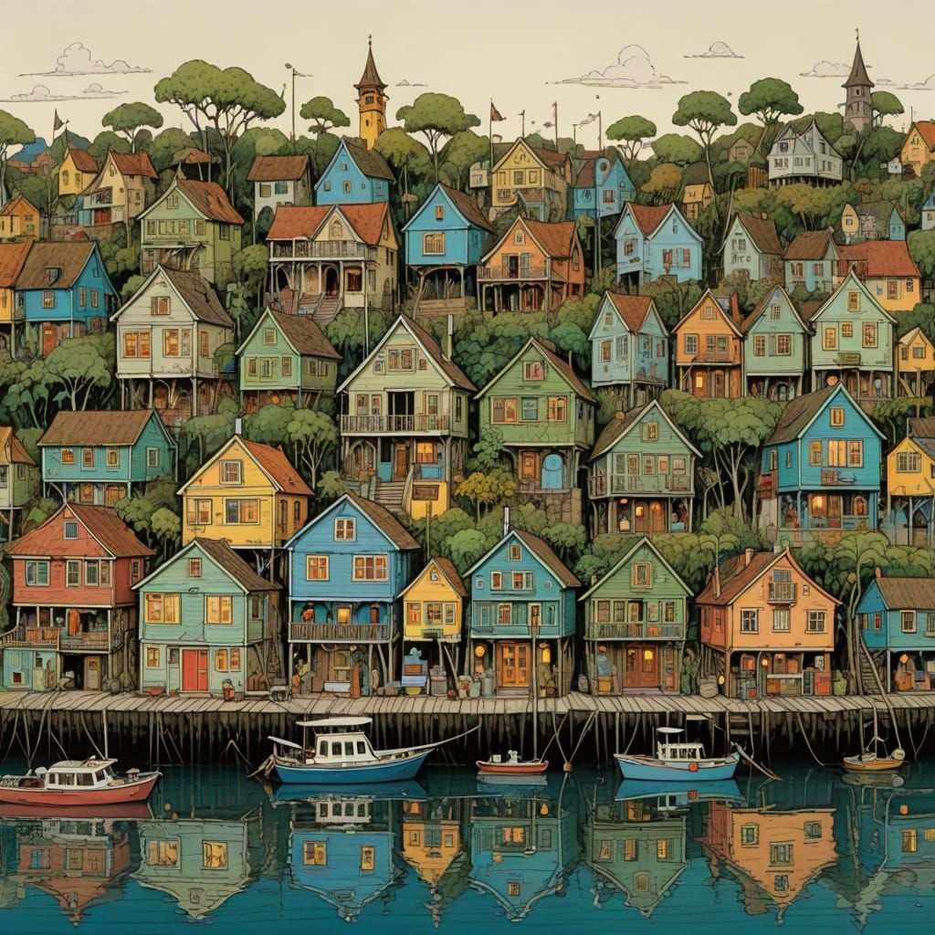 Vibrant Caribbean Village by Night in Whimsical Art Style