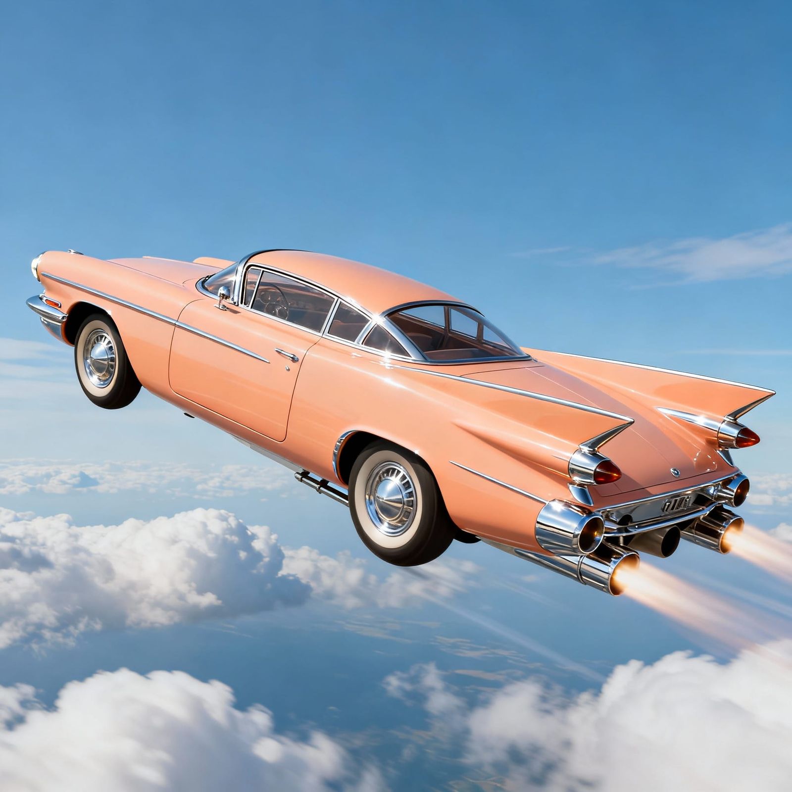 Retro Futuristic Pastel Orange Flying Car with Chrome Accent...