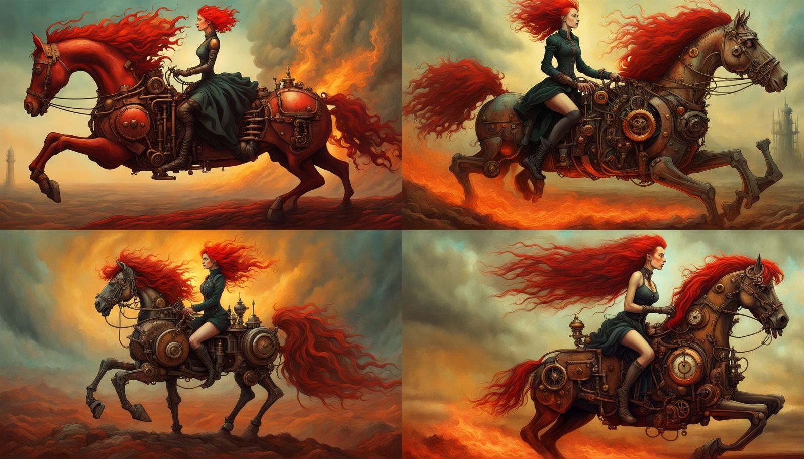 Steampunk Woman on Mechanical Horse, Beksiński Landscape