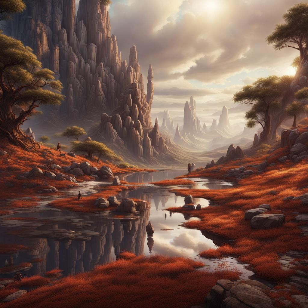 Dreamlike Liquid Reflections in a Fantastical Landscape