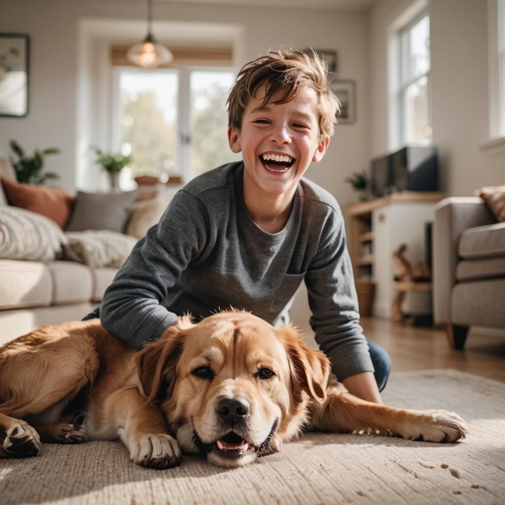Joyful Boy and Dog Playtime in Warm Home Light