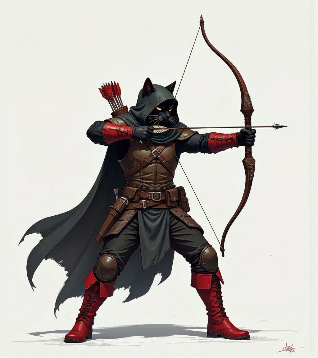 Black Catfolk Ranger with Bow in Fighting Pose