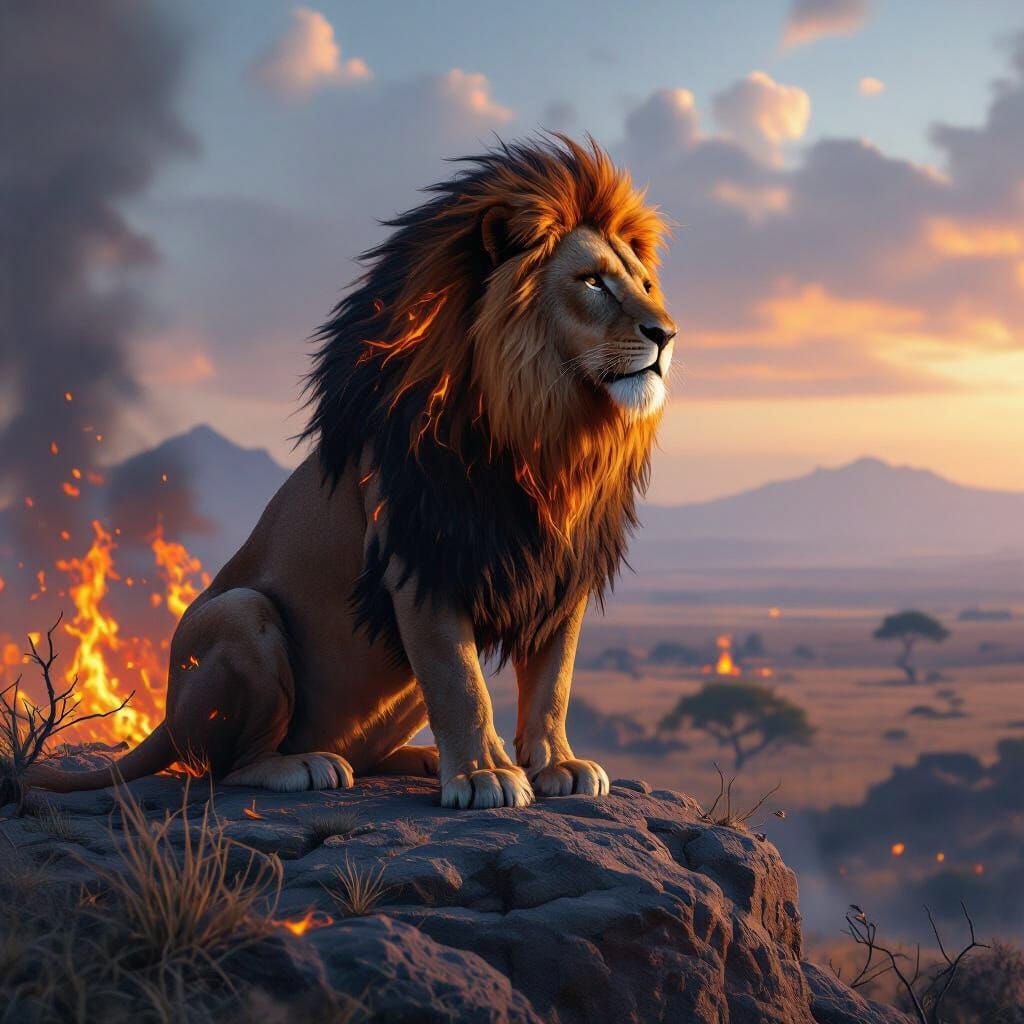 Majestic Ember Lion on Rocky Outcrop in Fantasy Style