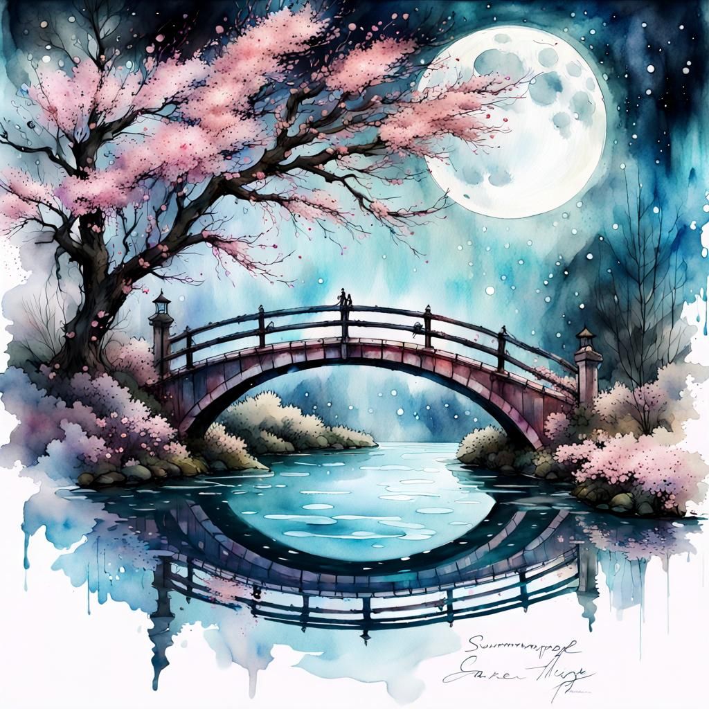 Cherry Blossom Lake Under Galaxy Night Sky