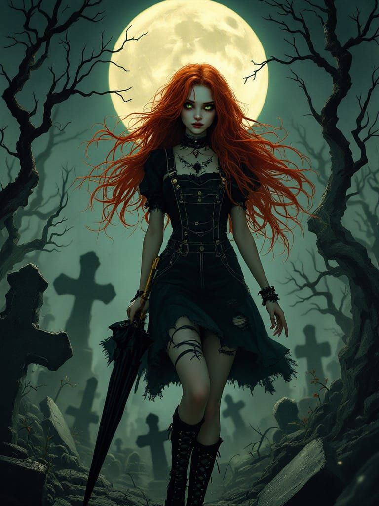 Gothic Fantasy Portrait: Fiery Hair Woman in Moonlit Graveya...