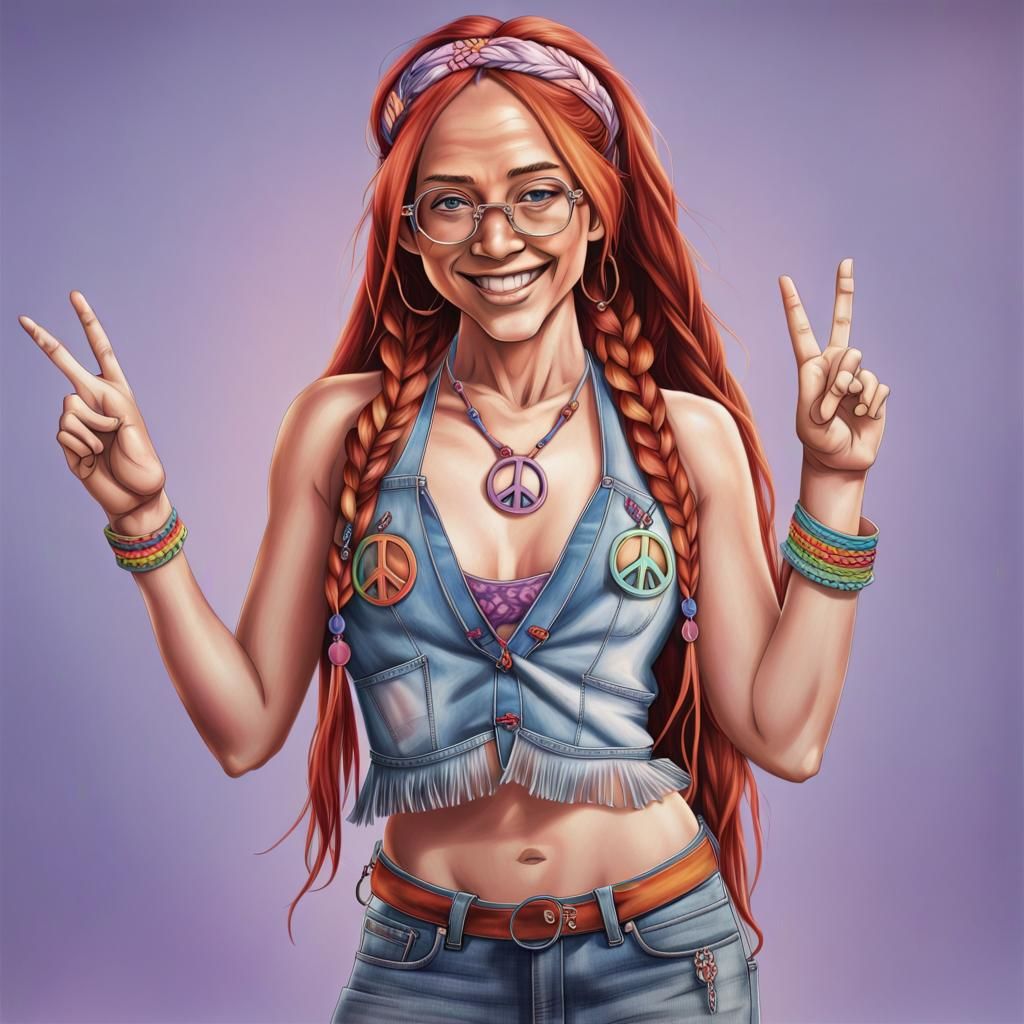 Hippie Girl Giving Peace Sign in Splash Art