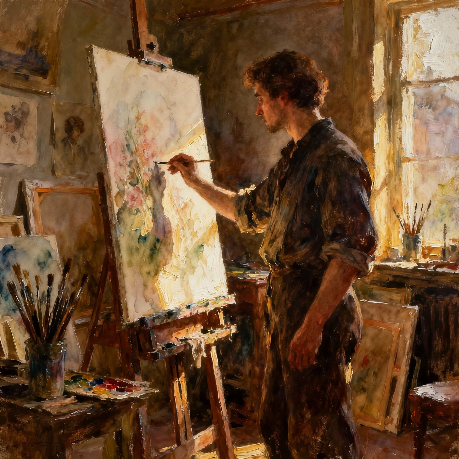 Oil Portrait of a Painter Creating Watercolor Art