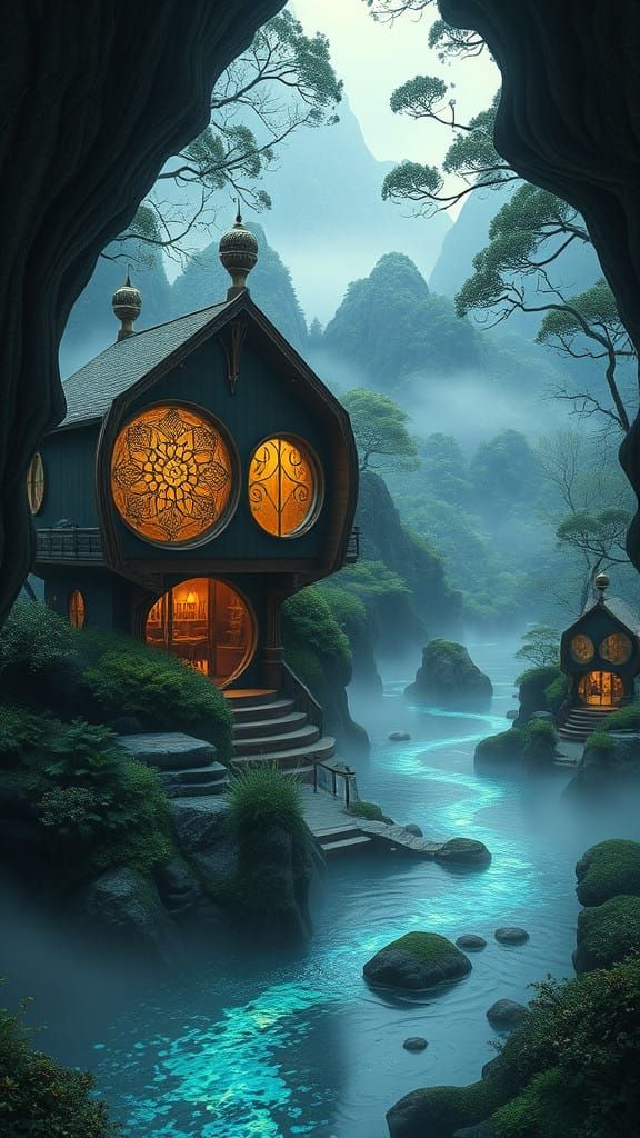 Surreal Zenpunk Cabins on Iridescent Riverbanks