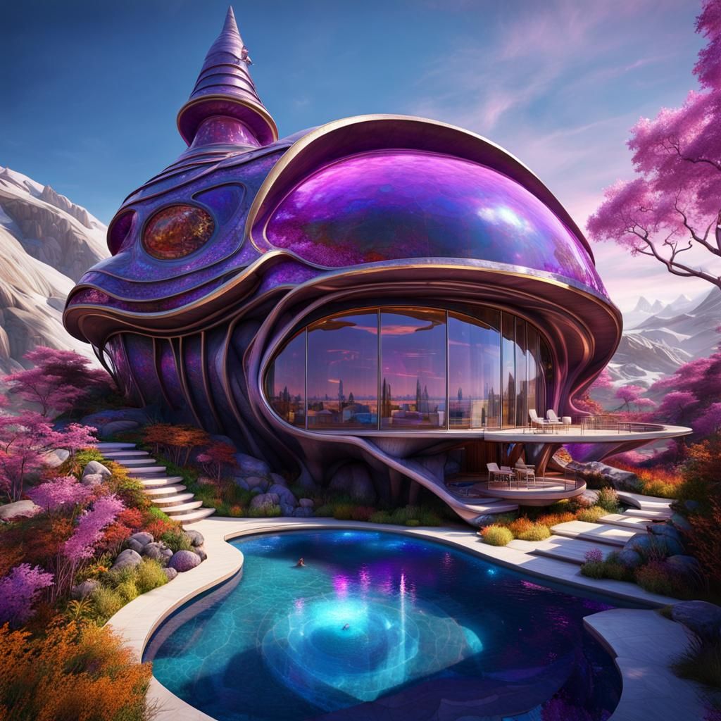Futuristic Middle-Earth House with Pool in Psychedelic Art