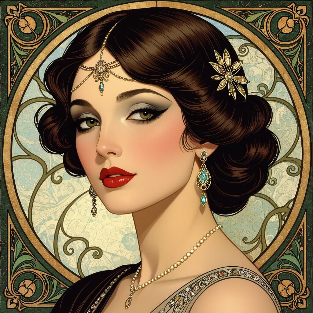 Elegant Woman with Luxurious Makeup in Art Nouveau Style