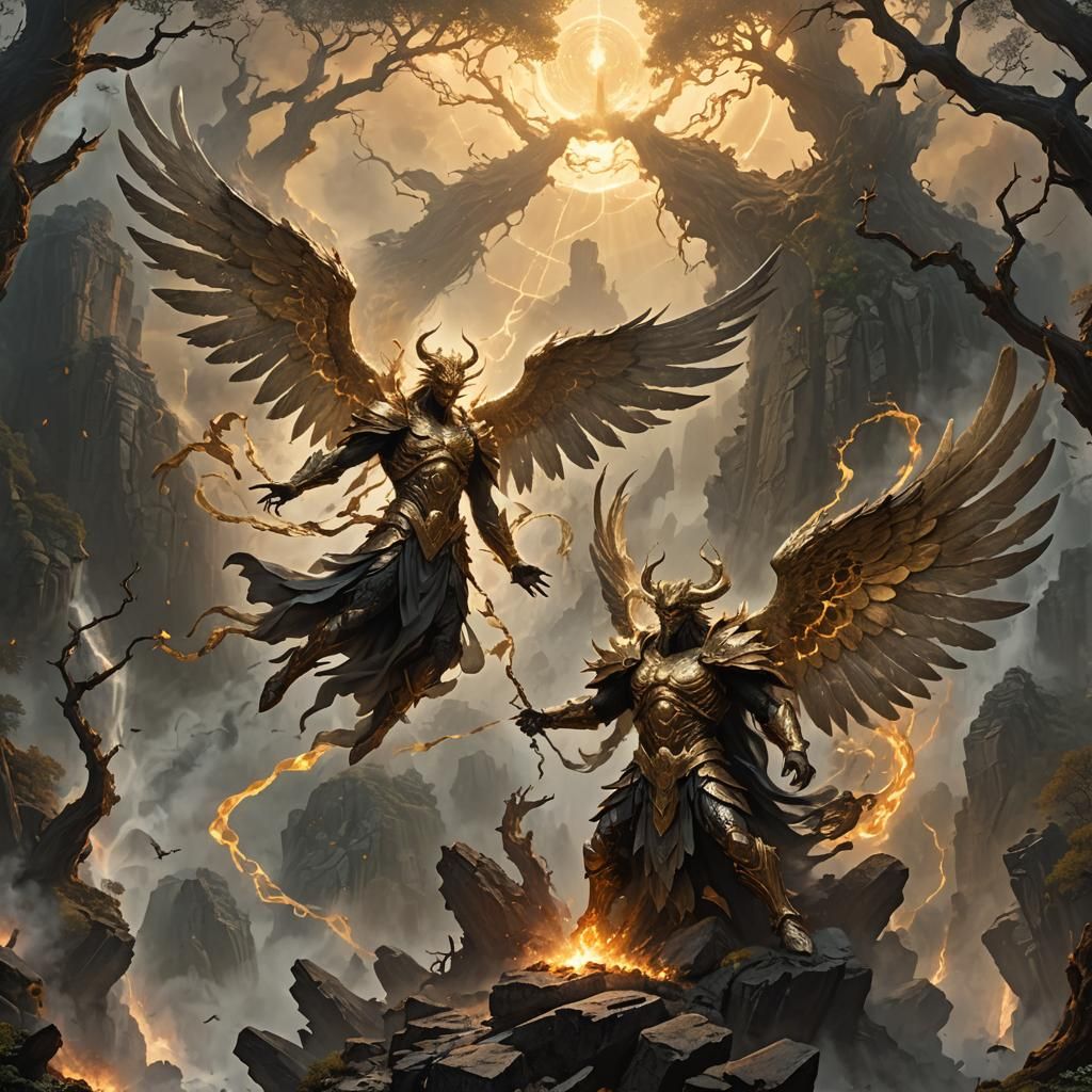 Angel vs Demon: Art Nouveau Clash of Light