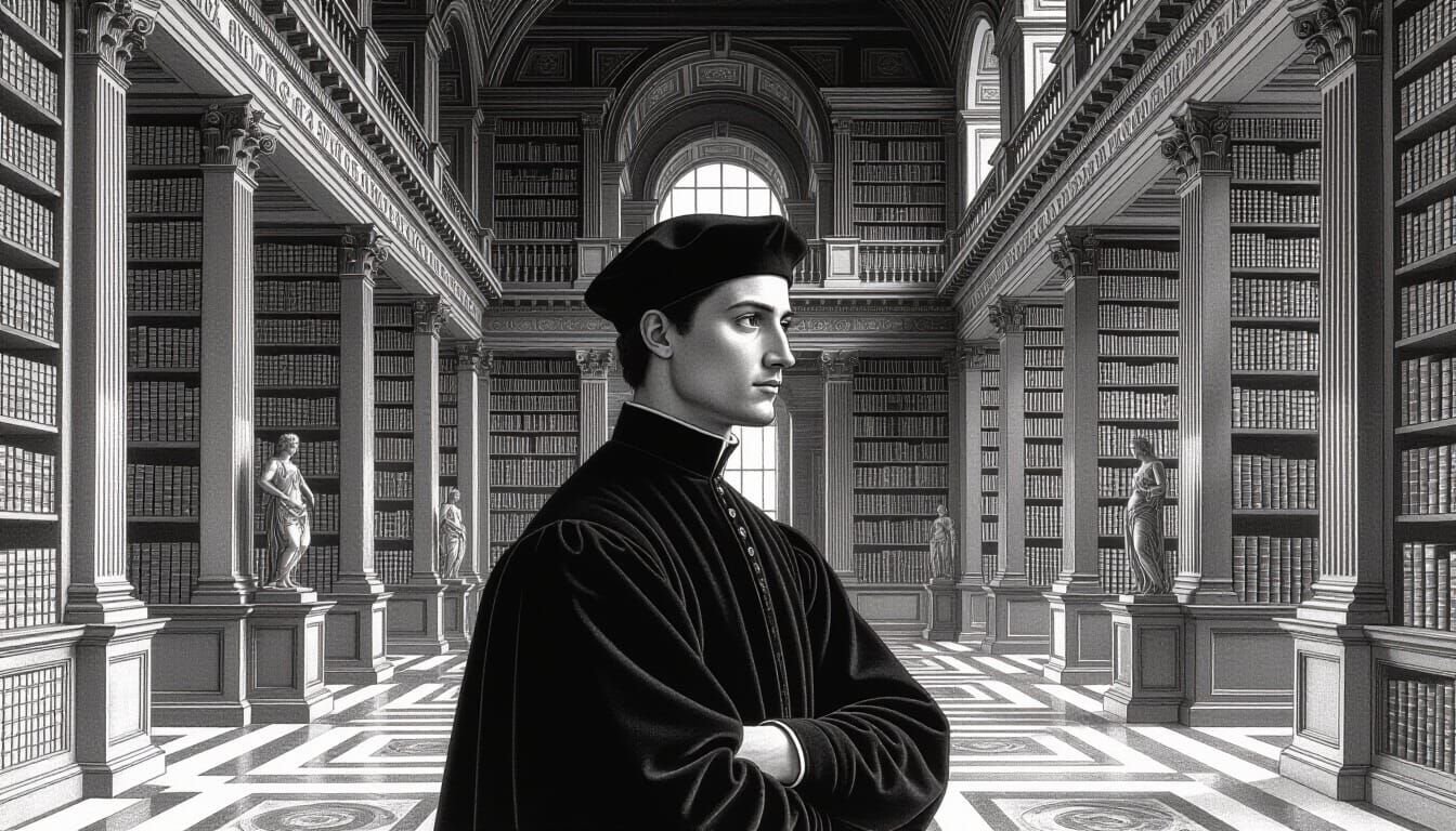 Renaissance Man in Library: Charcoal Drawing in Michelangelo...
