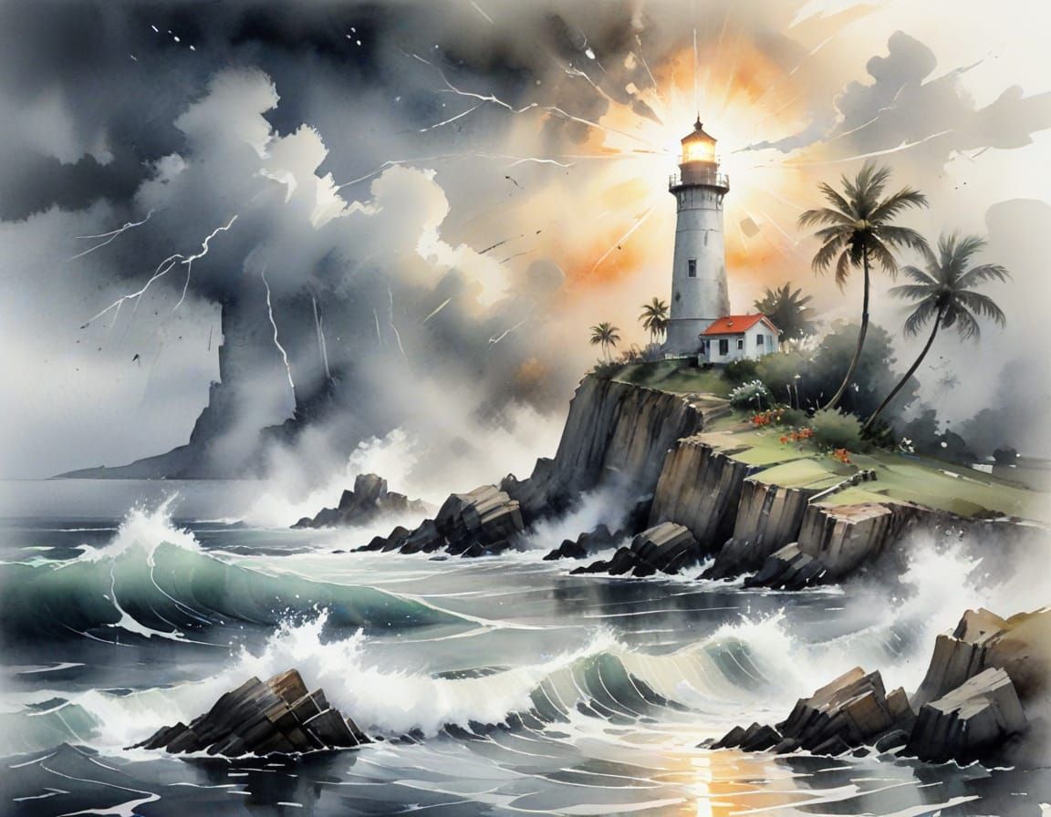 Stormy Coastline Watercolor Painting with Lighthouse