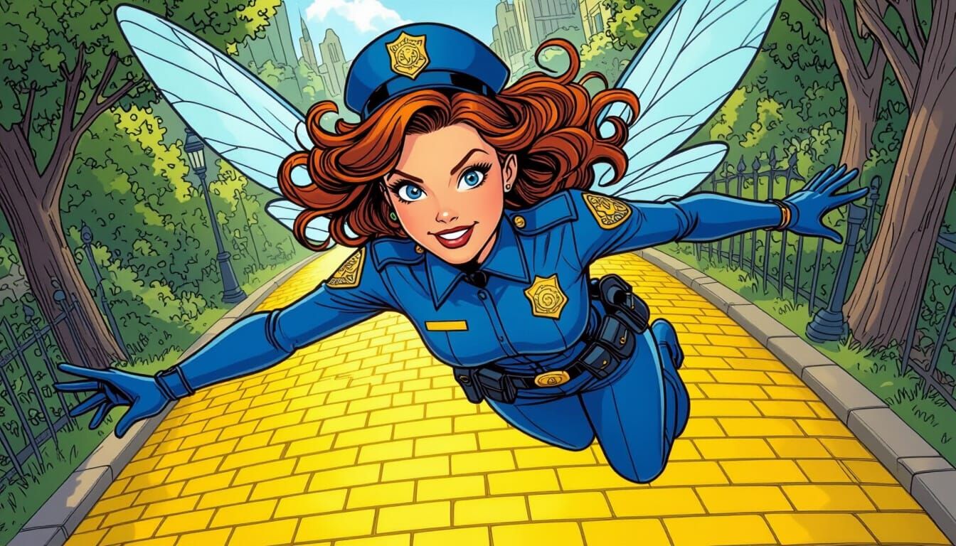 Fairy Policewoman Flies Above the Yellow Brick Road