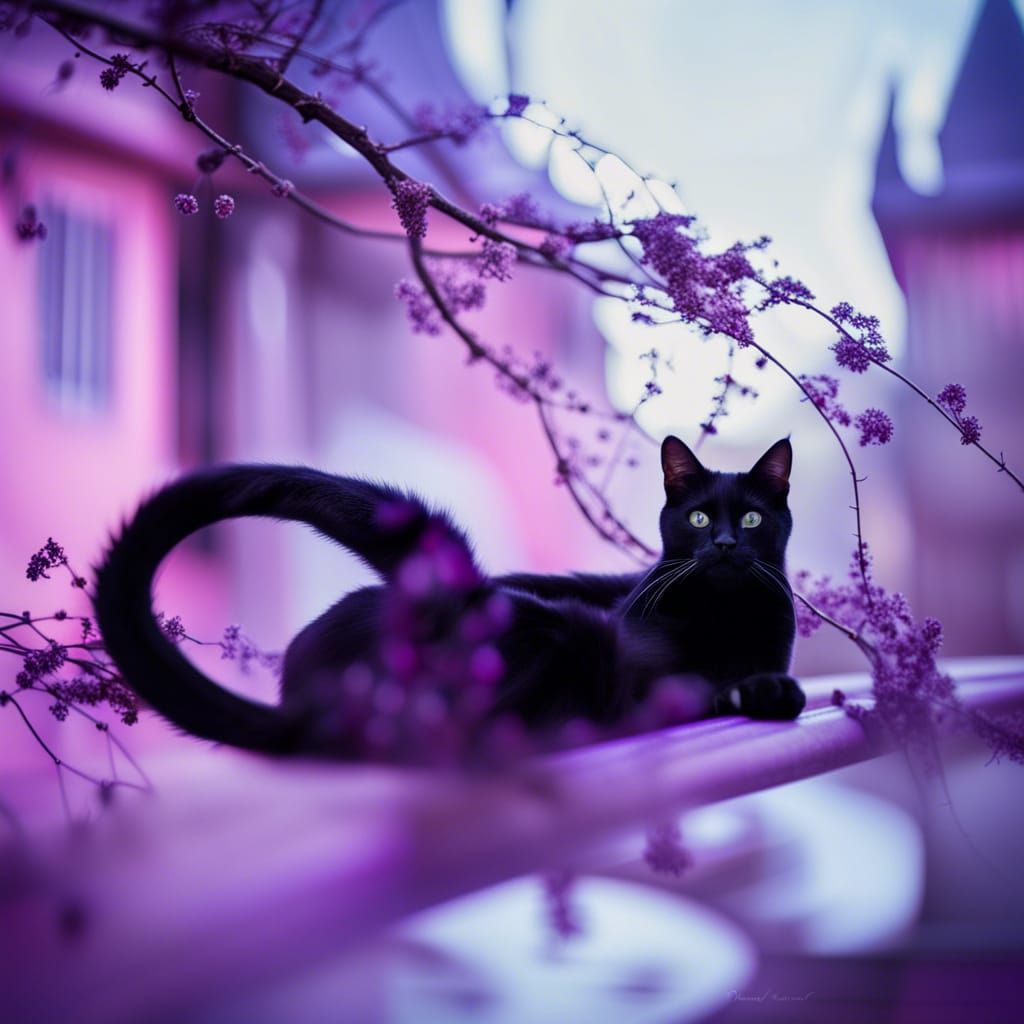 Ethereal Black cat with gothic vibes& Beautiful purple background& cute vibes& magical vibes& High quality vibes