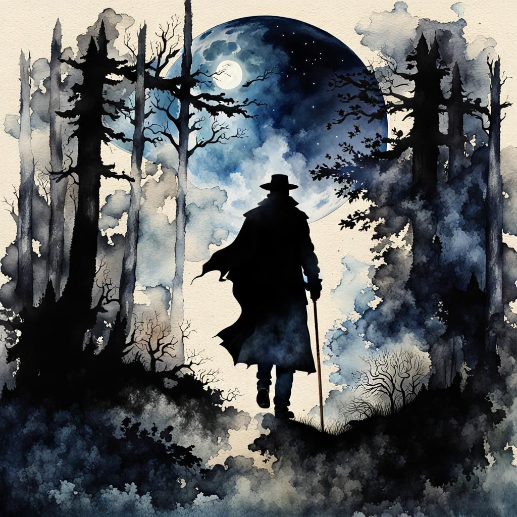 Moonlit Wanderer in Dark Forest: Watercolor and Ink