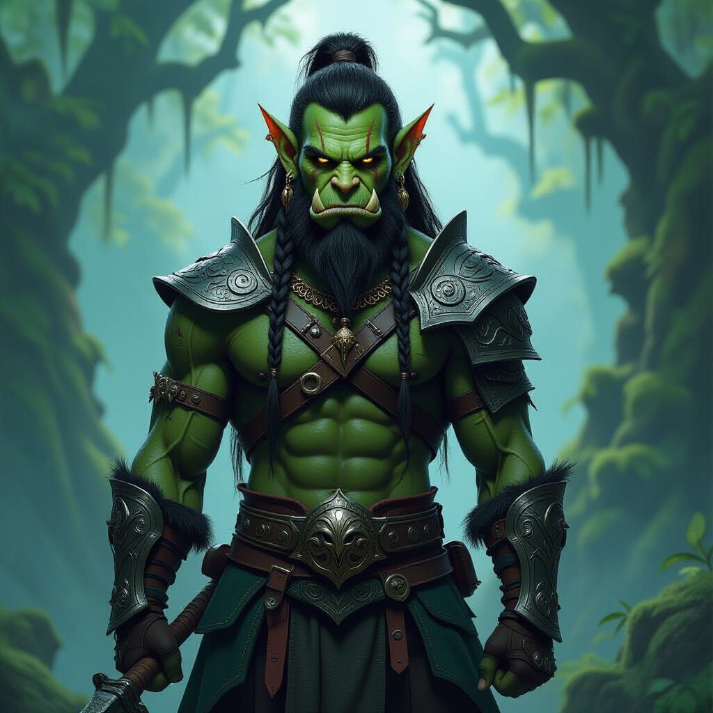 Orc Elf Hybrid Warrior in Ancient Forest Concept Art
