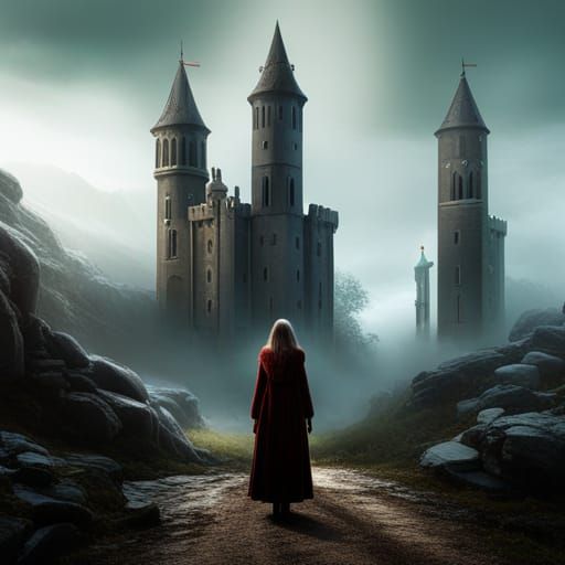 Woman in Mink Coat with Castle in Fog