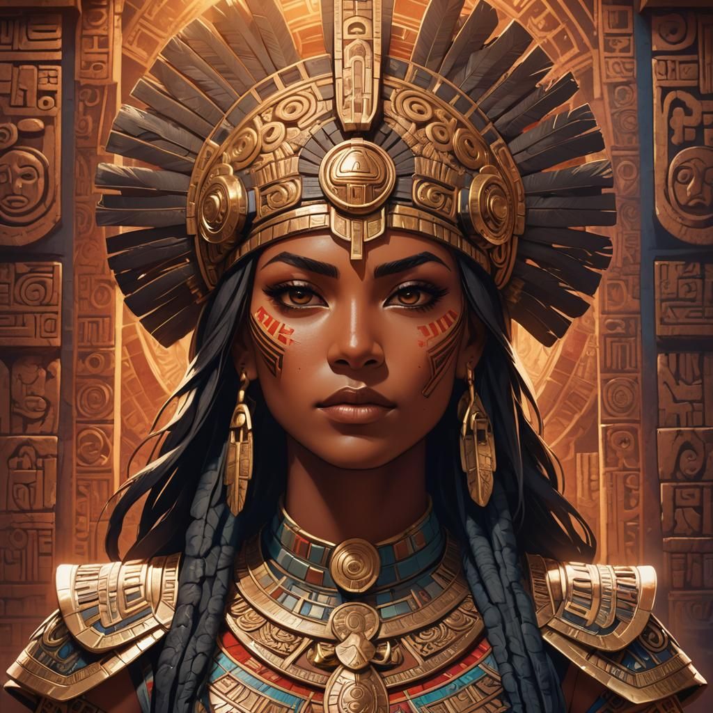 Aztec Warrior Woman Anime Portrait in Vibrant Comic Style